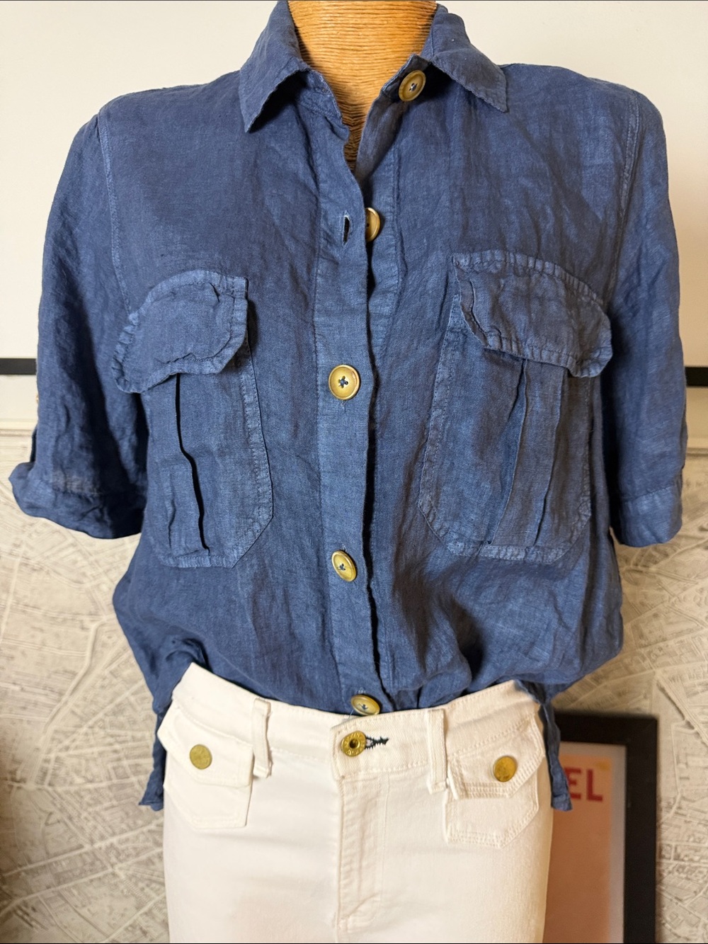 Sunday  Tropez 100% linen blue top Size M